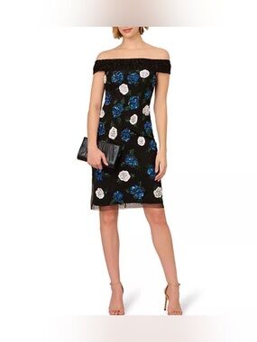 NWT Adrianna Papell | Off-Shoulder Black Floral Cocktail Dress | Size 8